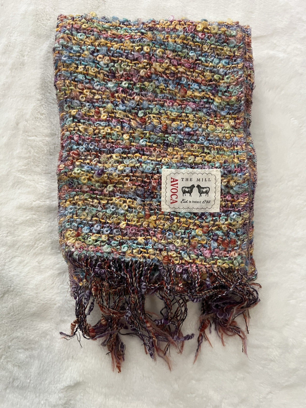 Avoca Ireland Knit Scarf Fringe Textured Wool Blend Long Wrap Multicolor